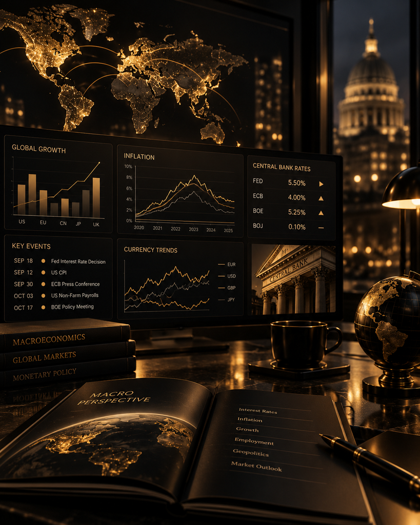 Scrivania macroeconomica con monitor, grafici Forex e mappa globale in stile nero e oro