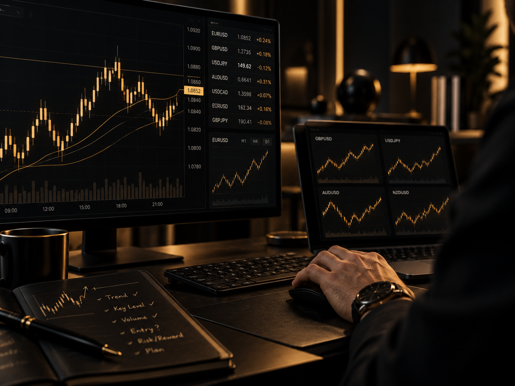 Postazione di trading Forex con monitor, grafici a candele e analisi dei mercati in stile nero e oro