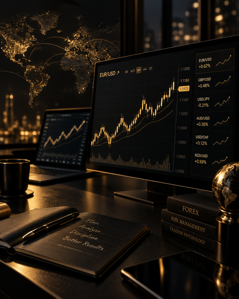 Postazione di analisi Forex con grafici, coppie valutarie e strumenti di trading
