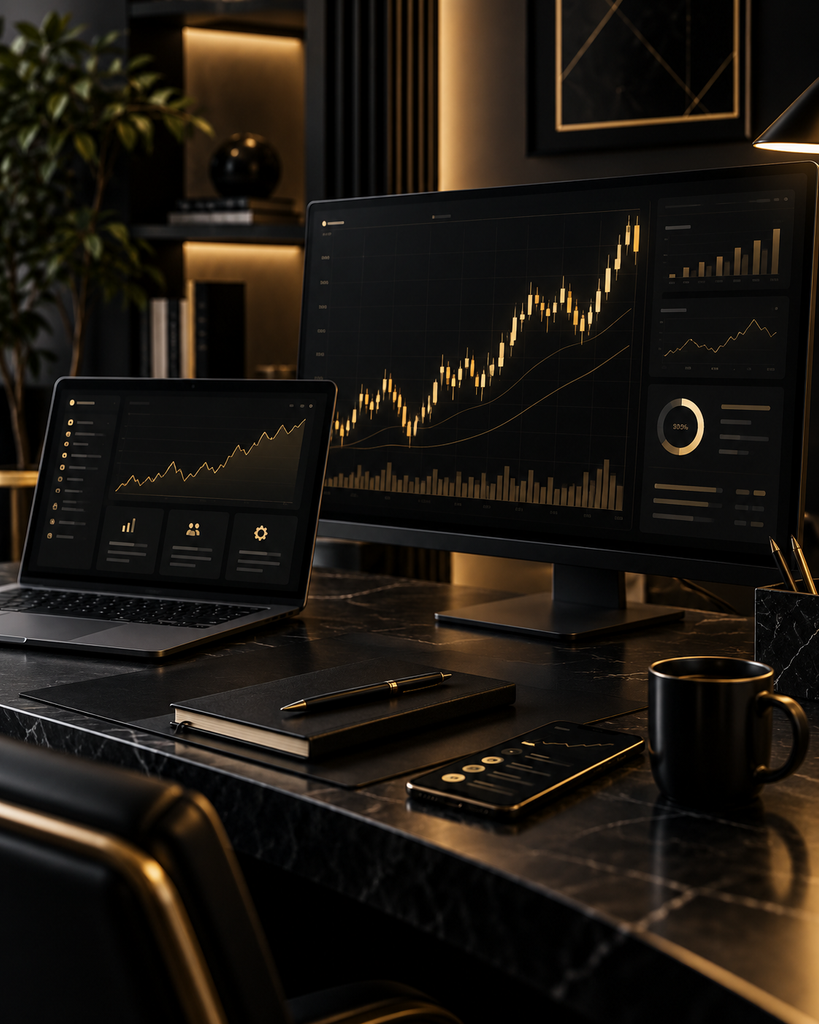 Setup di trading con monitor, laptop e grafici finanziari in un ambiente elegante nero e oro