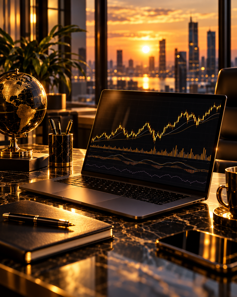 Postazione con laptop, grafici finanziari e strumenti digitali per articoli su Trading, Forex e opportunità online
