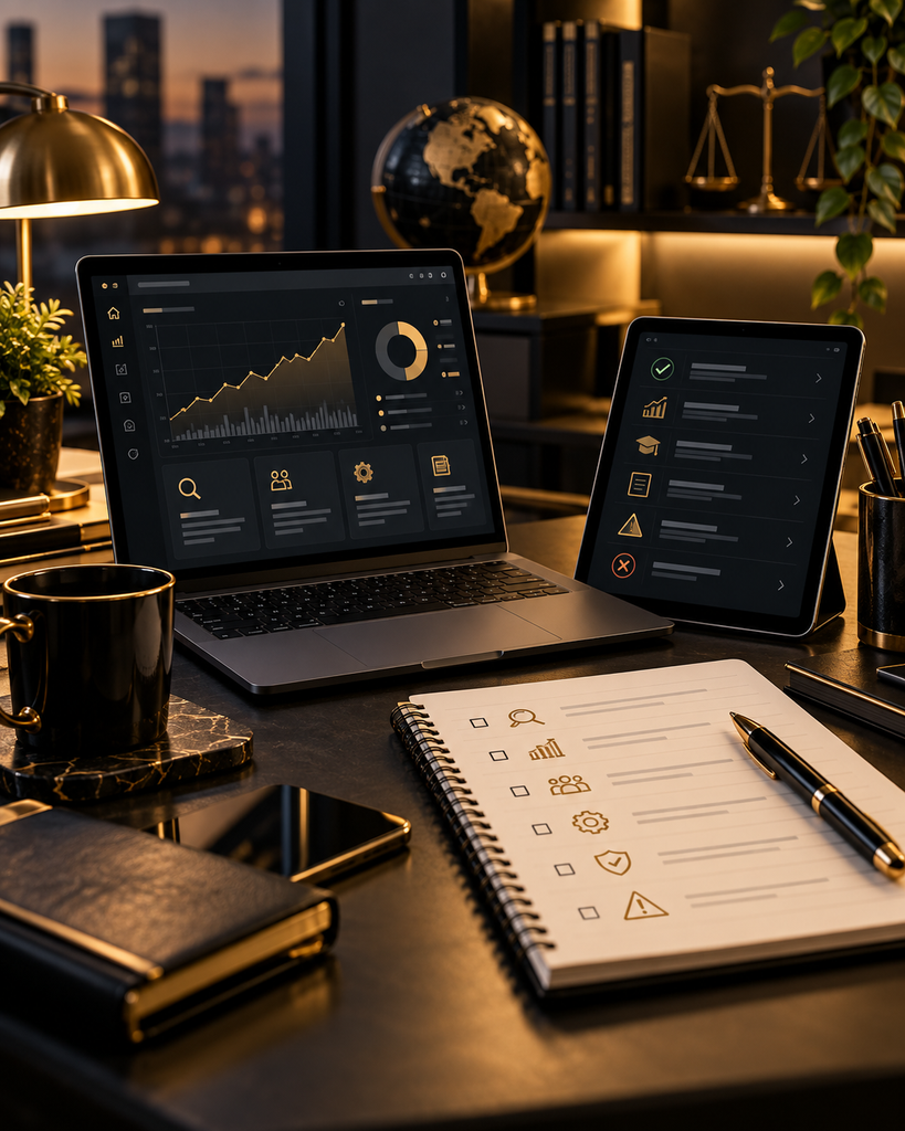 Postazione di lavoro con dashboard, checklist e strumenti per valutare opportunità di guadagno online