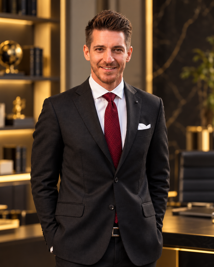 Ritratto professionale del fondatore di RicaviOnline in abito elegante, in un ufficio moderno dalle tonalità nero e oro.