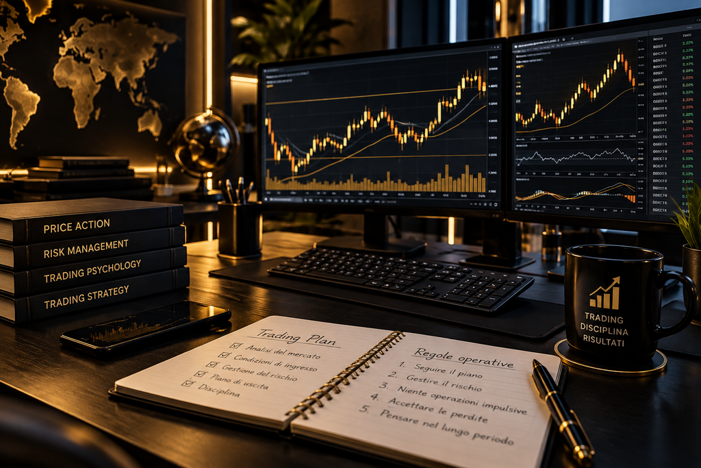 Postazione di Trading con grafici, piano operativo e strumenti dedicati a strategia, gestione del rischio e mentalità del trader