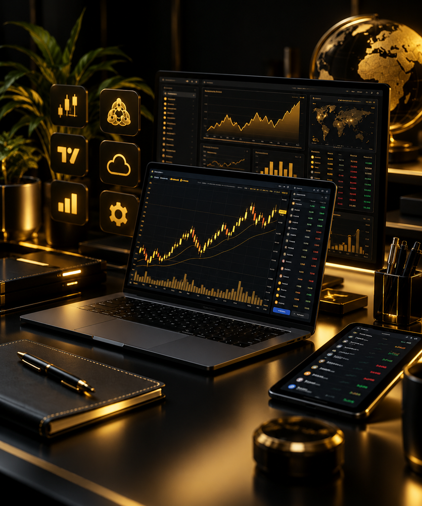 Postazione con laptop, grafici e strumenti digitali per Trading, software e piattaforme online