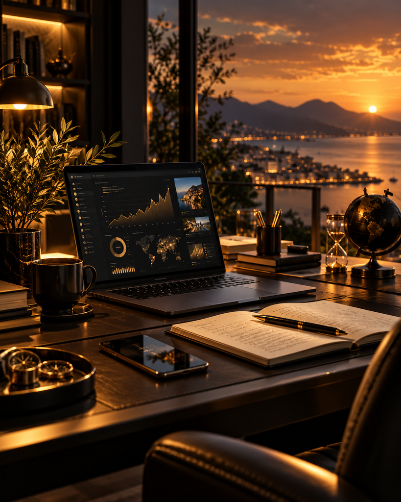 Postazione di lavoro con laptop, appunti e strumenti digitali che rappresentano il percorso e le esperienze online di RicaviOnline