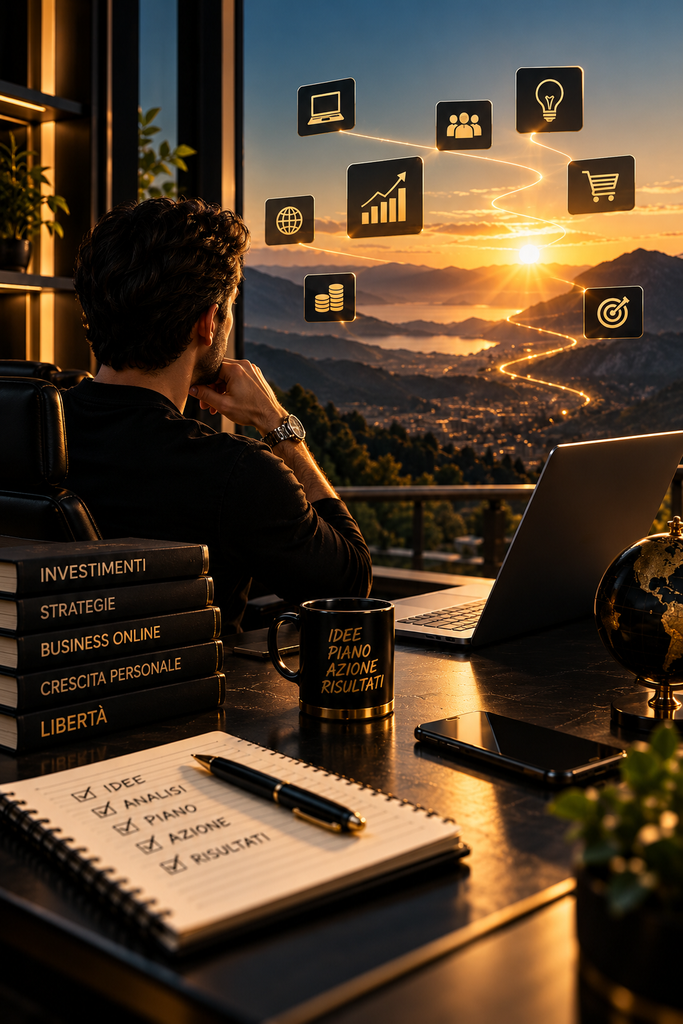Postazione di lavoro con laptop, idee, strumenti digitali e simboli di crescita per la pagina Opportunità Online di RicaviOnline